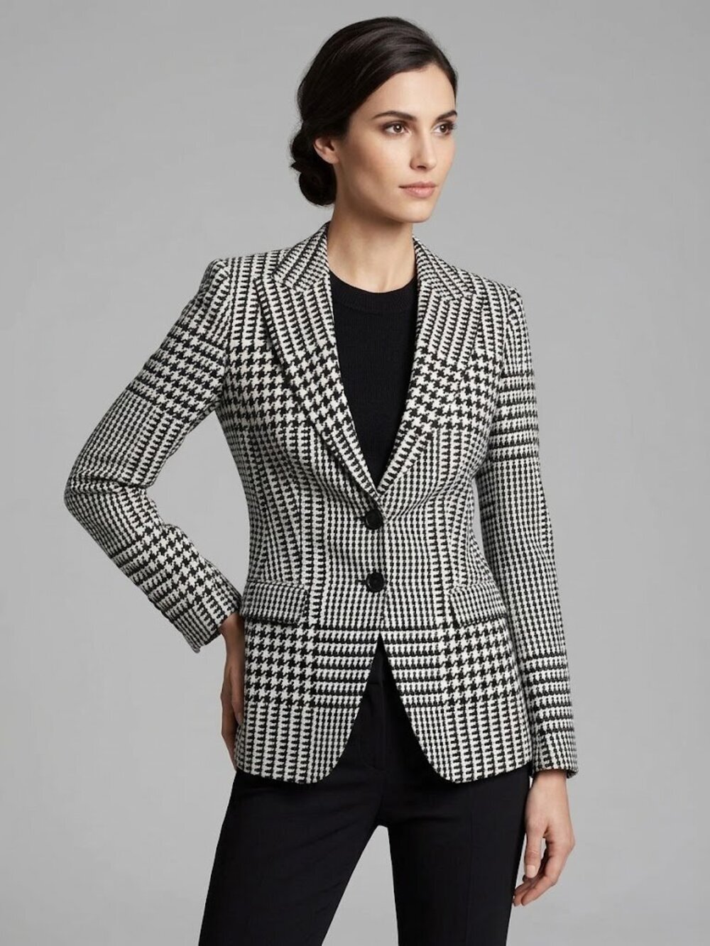 Escada Black and White Houndstooth Double-Breasted Blazer